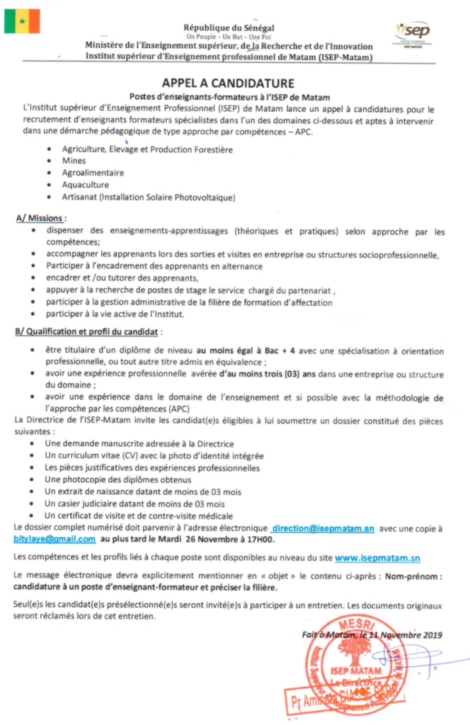 Appel à Candidature: Postes D'enseignants-formateurs à L'sep De Matam ...